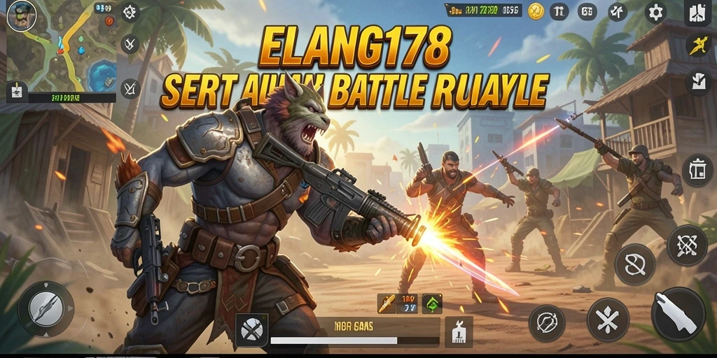 Tangkapan layar utama ELANG178 menampilkan aksi pertempuran Battle Royale yang menegangkan.