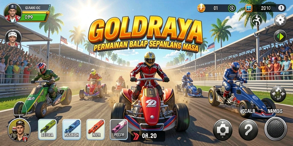 Screenshot menunjukkan aksi balap mendebarkan di GOLDRAJA.