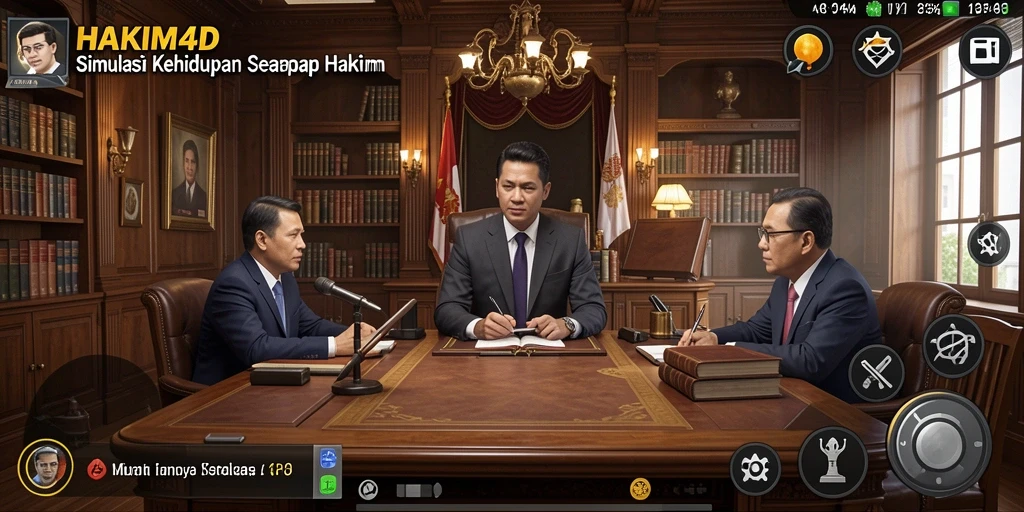 Screenshot gameplay HAKIM4D menunjukkan suasana pengadilan yang realistis.