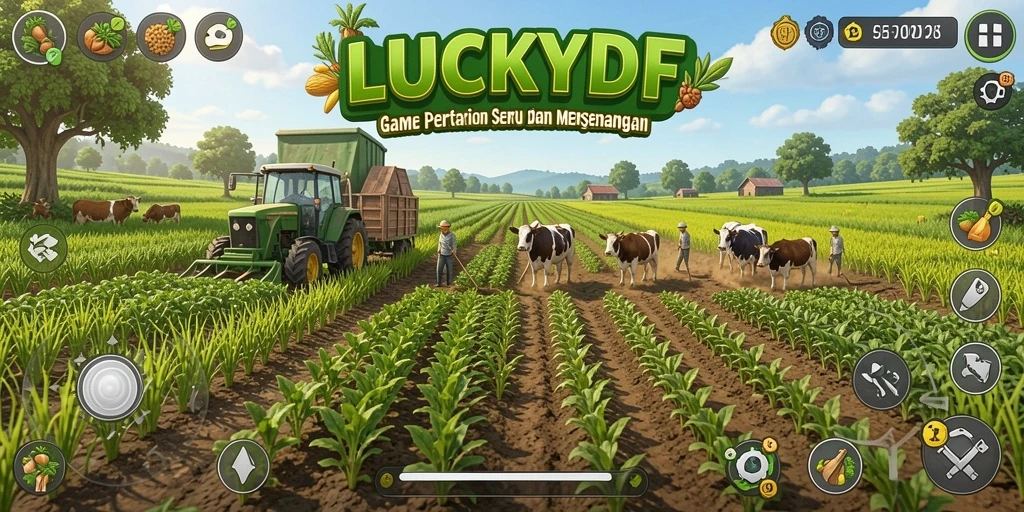 Tampilan gameplay menyenangkan di LUCKYDF dengan aktivitas berkebun.