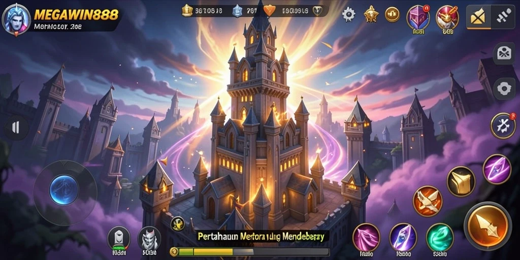 Screenshot MEGAWIN888 menampilkan strategi menempatkan menara di battlefield.