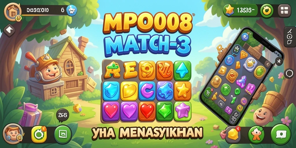 Tampilan seru gameplay Match-3 di MPO08 yang penuh warna.
