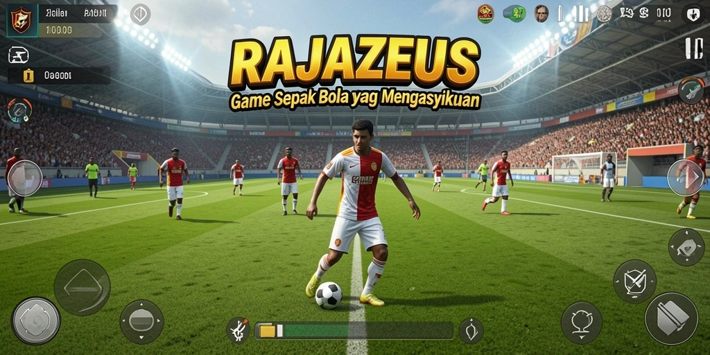 Screenshot utama RAJAZEUS menampilkan aksi sepak bola yang mendebarkan.
