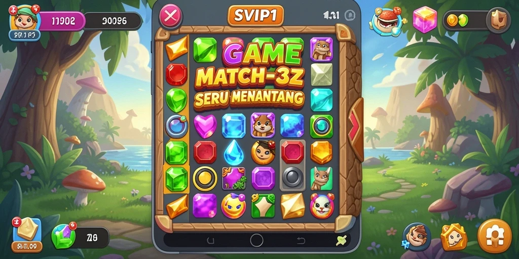 Screenshot gameplay SVIP1 menampilkan kombinasi permata yang seru.